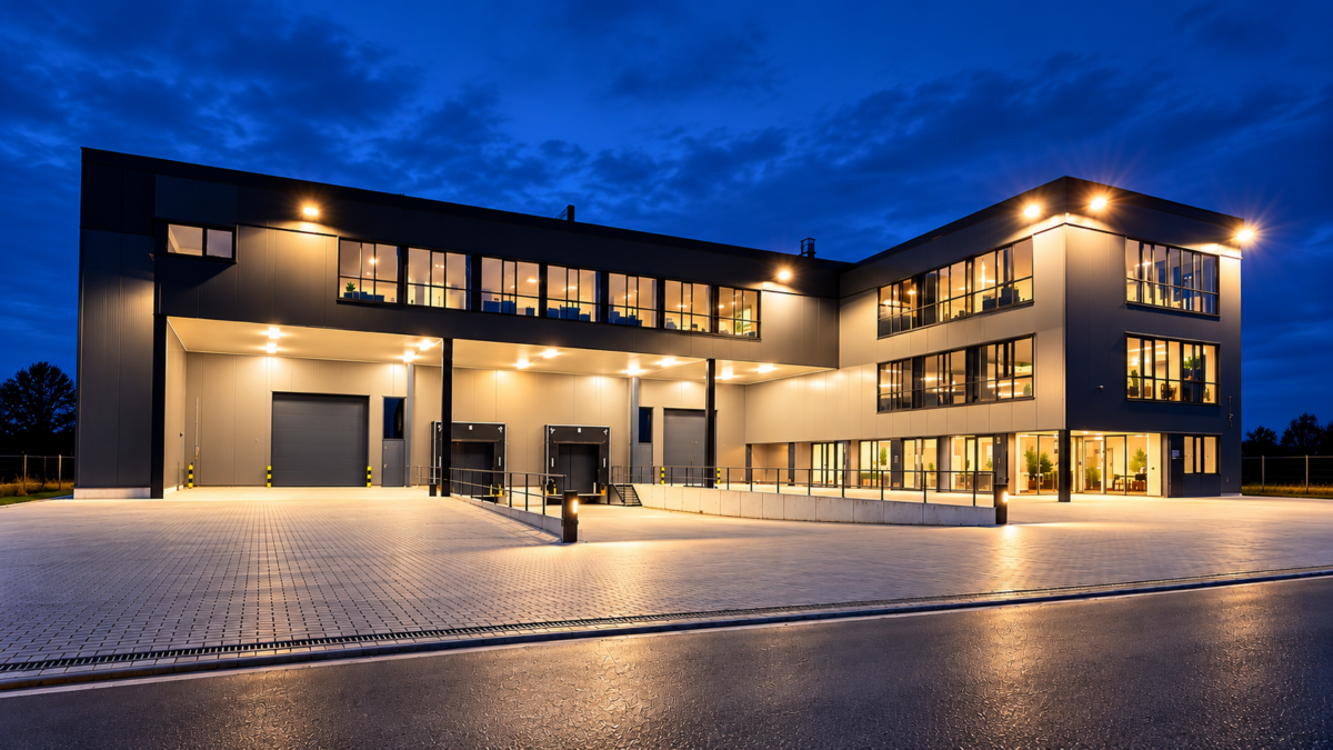 Modern Industrieel Complex bij Schemering